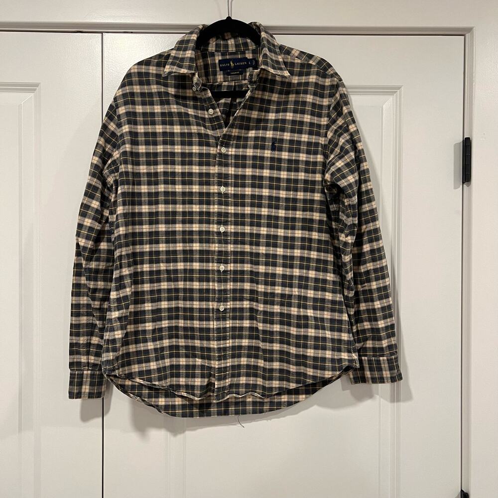 Ralph Lauren Mens Custom Fit Plaid‎ Button Down Brown Blue Size Large
